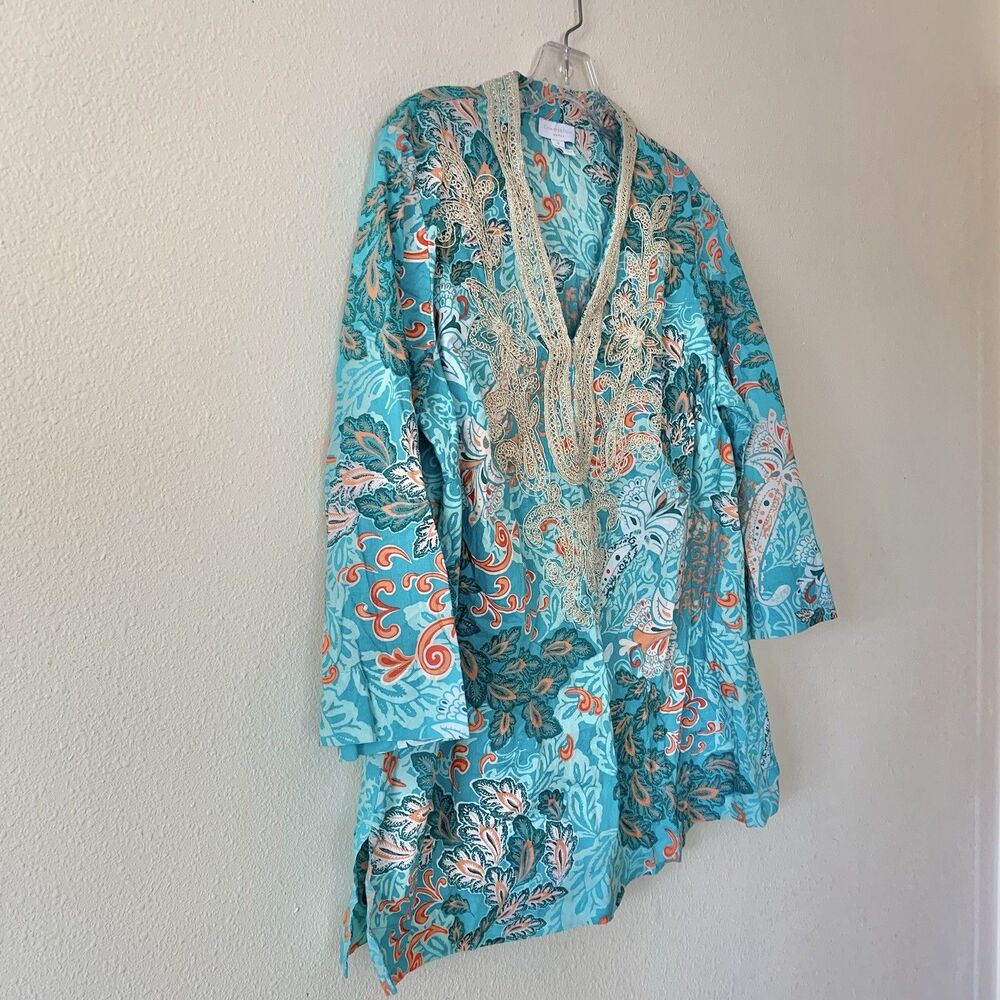 Charter Club Women's Embroidered Tunic V-Neck Cotton Turquoise Boho Top 1X - Picture 3 of 6